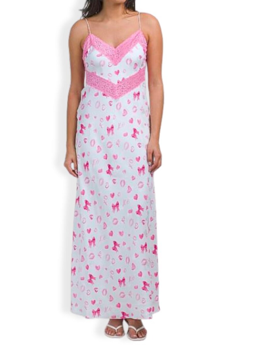 LoveShackFancy Serita Dress Rosey Dream S Pink Heart Print Lace Maxi Satin Slip